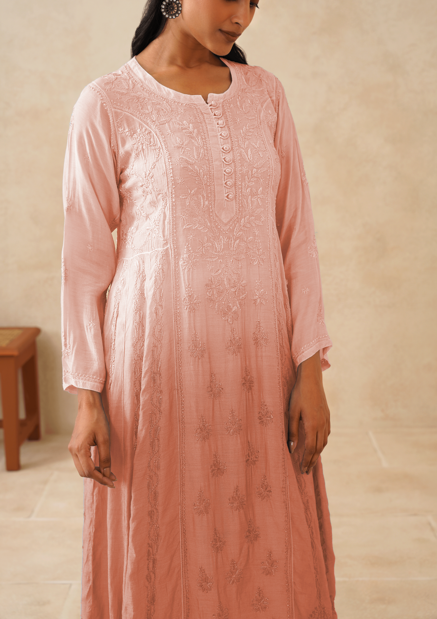 Muslin Chikankari A-line Long Kurti- Ombre Rose Pink