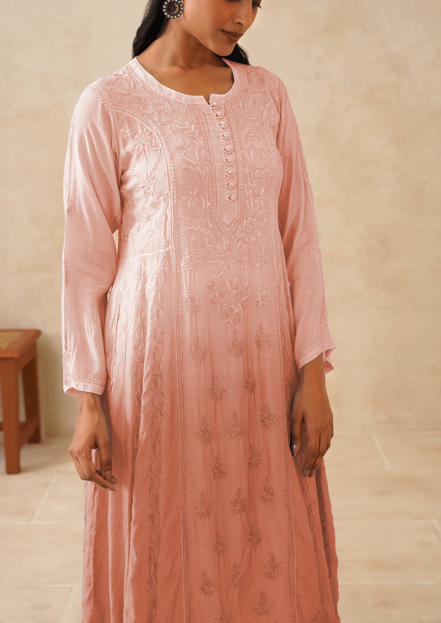 Muslin Chikankari A-line Long Kurti- Ombre Rose Pink