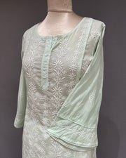 Mul Cotton Chikankari Long Kurti - Mint Green