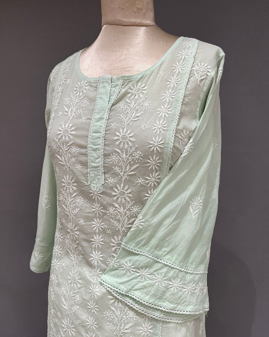 Mul Cotton Chikankari Long Kurti - Mint Green