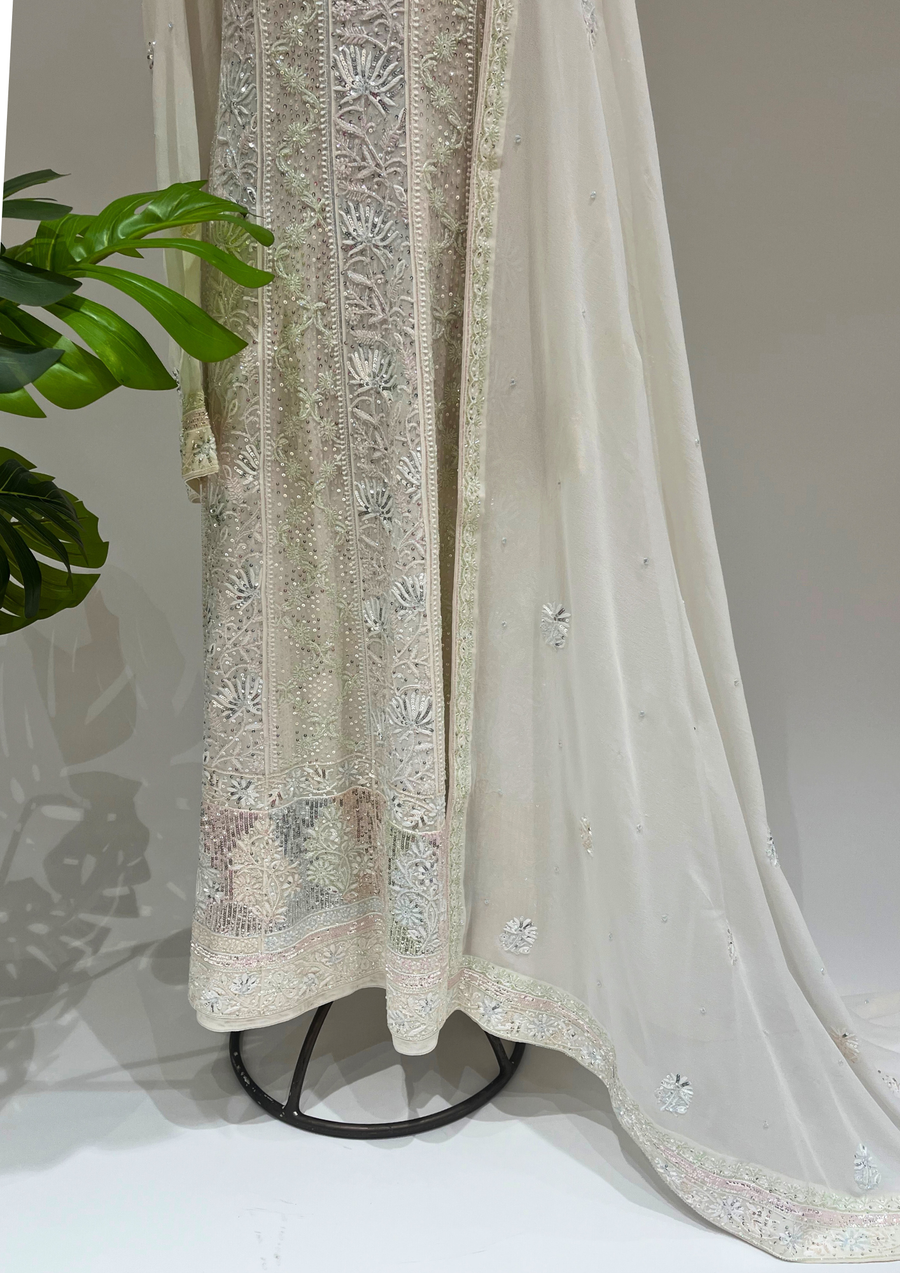 Pure Georgette Semistitched Chikankari Anarkali  - White