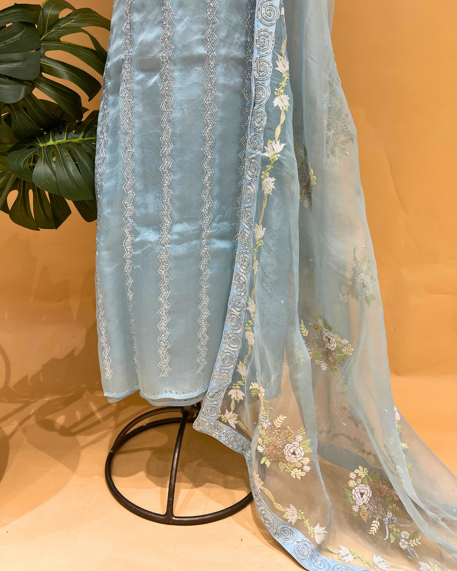 Organza Chikankari Unstitsched Kurta And Dupatta Set- Polar Wind