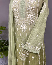 Mul Chanderi Chikankari Stitch 3 pc Suit - ombre Green