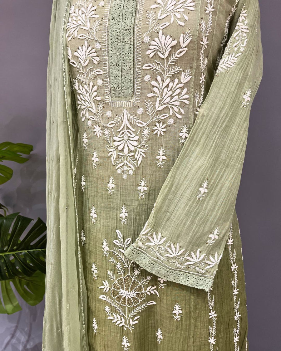 Mul Chanderi Chikankari Stitch 3 pc Suit - ombre Green