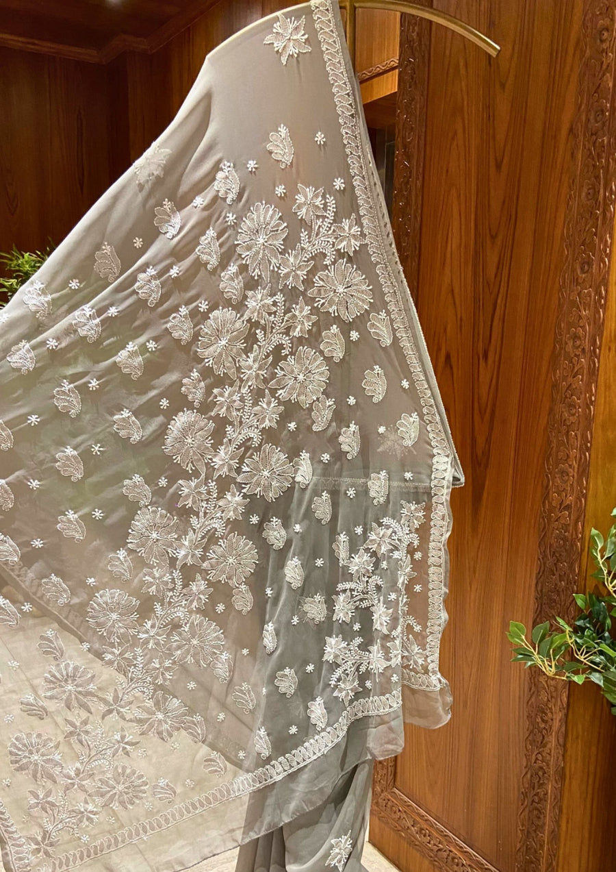 Chikan Saree Georgette - Grey