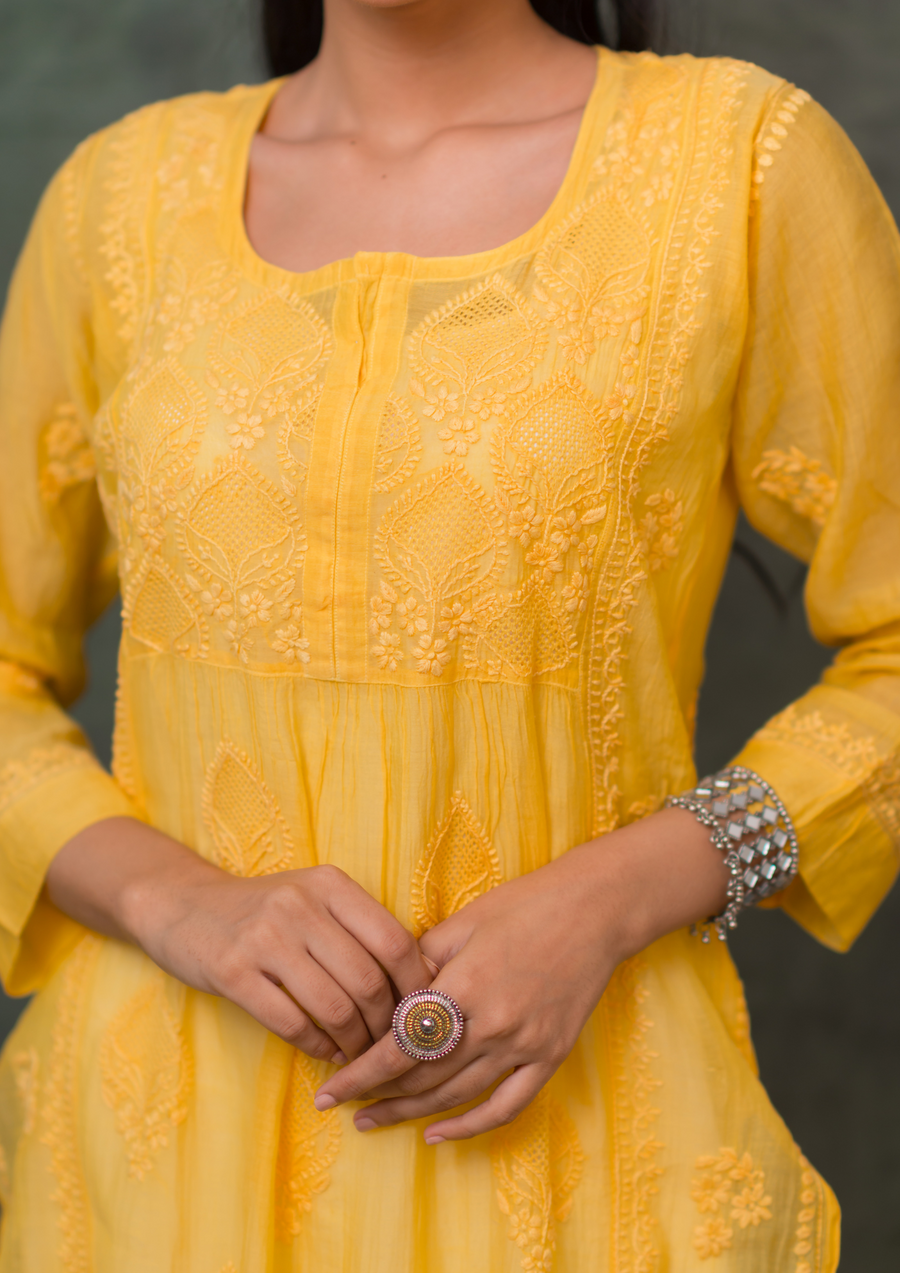 Mul Chikankari Long Kurti - Sunshine Yellow