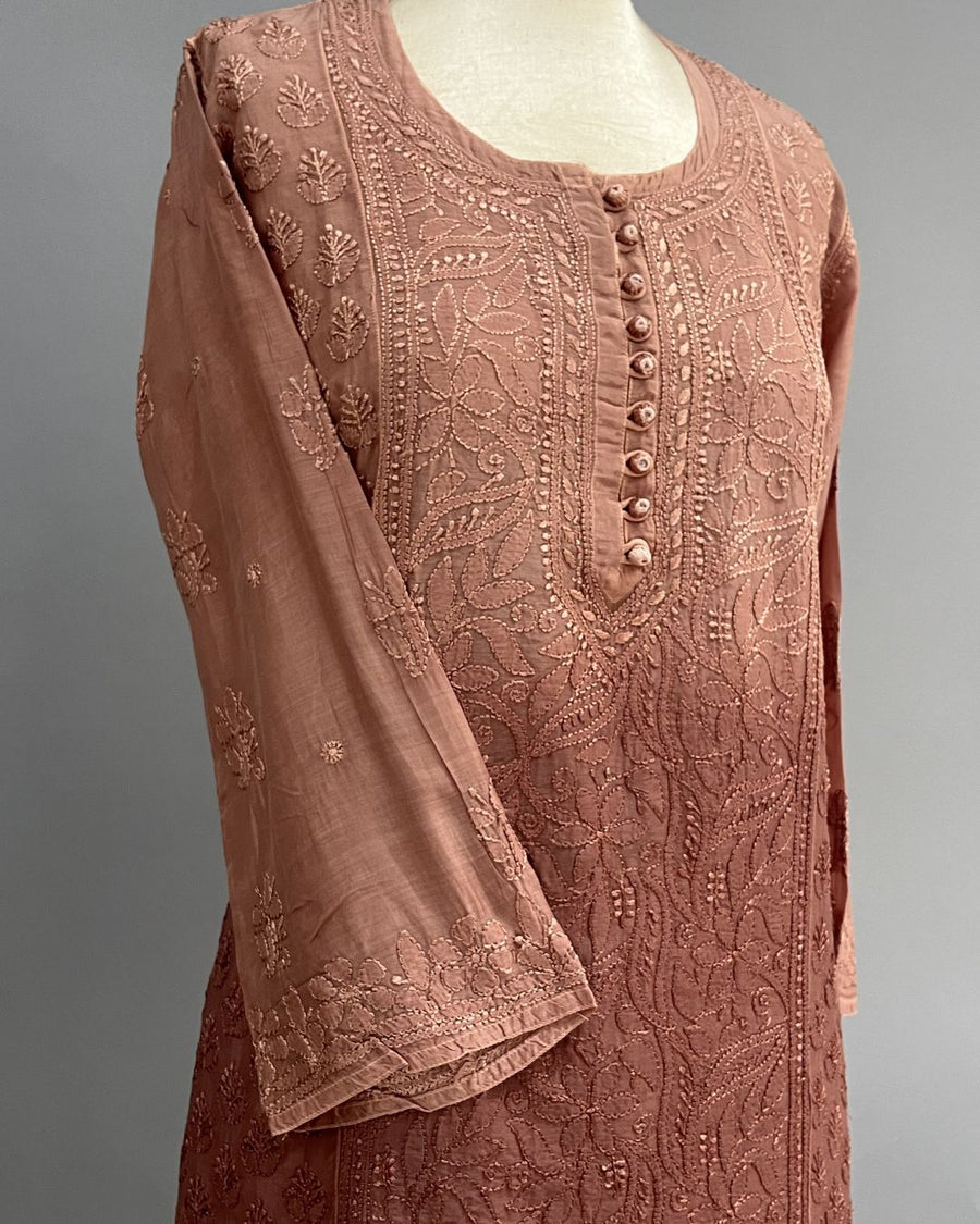 Muslin Chikankari Short Kurti - Brown Ombre