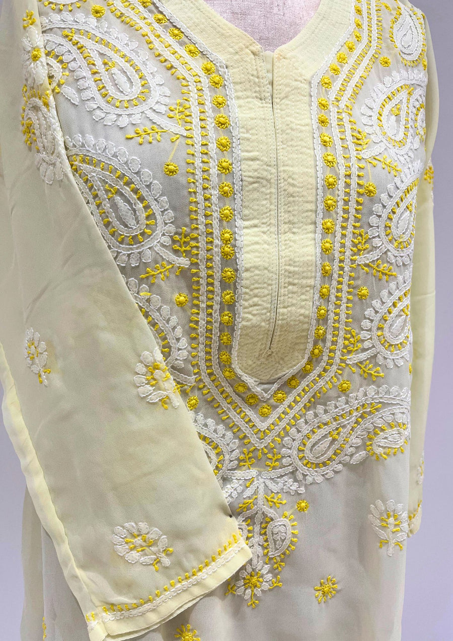 Georgette Chikankari Long Kurti - Corn Yellow