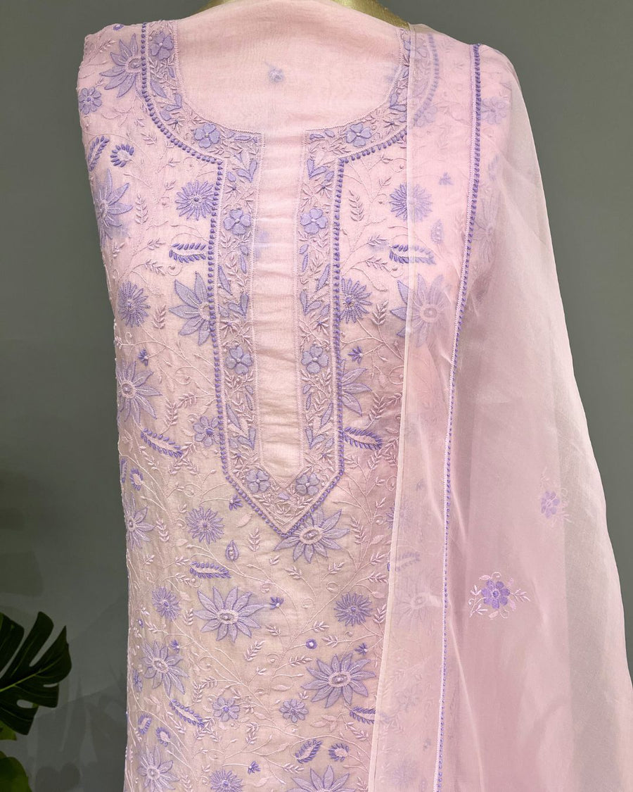 Chikankari Organza Unstitched Suit - Pink