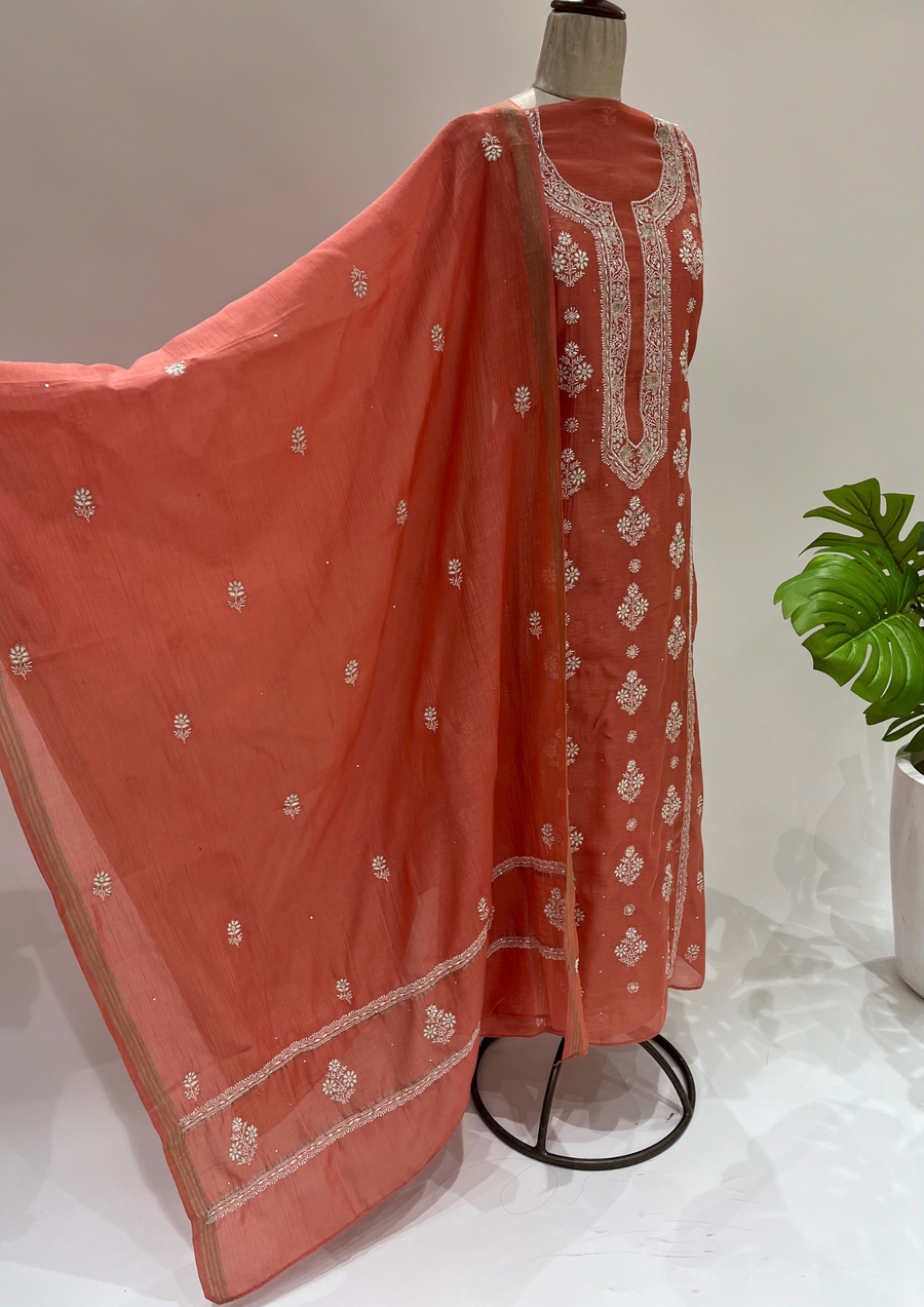Mul Chanderi Chikankari Unstitched Suit- Coral Pink