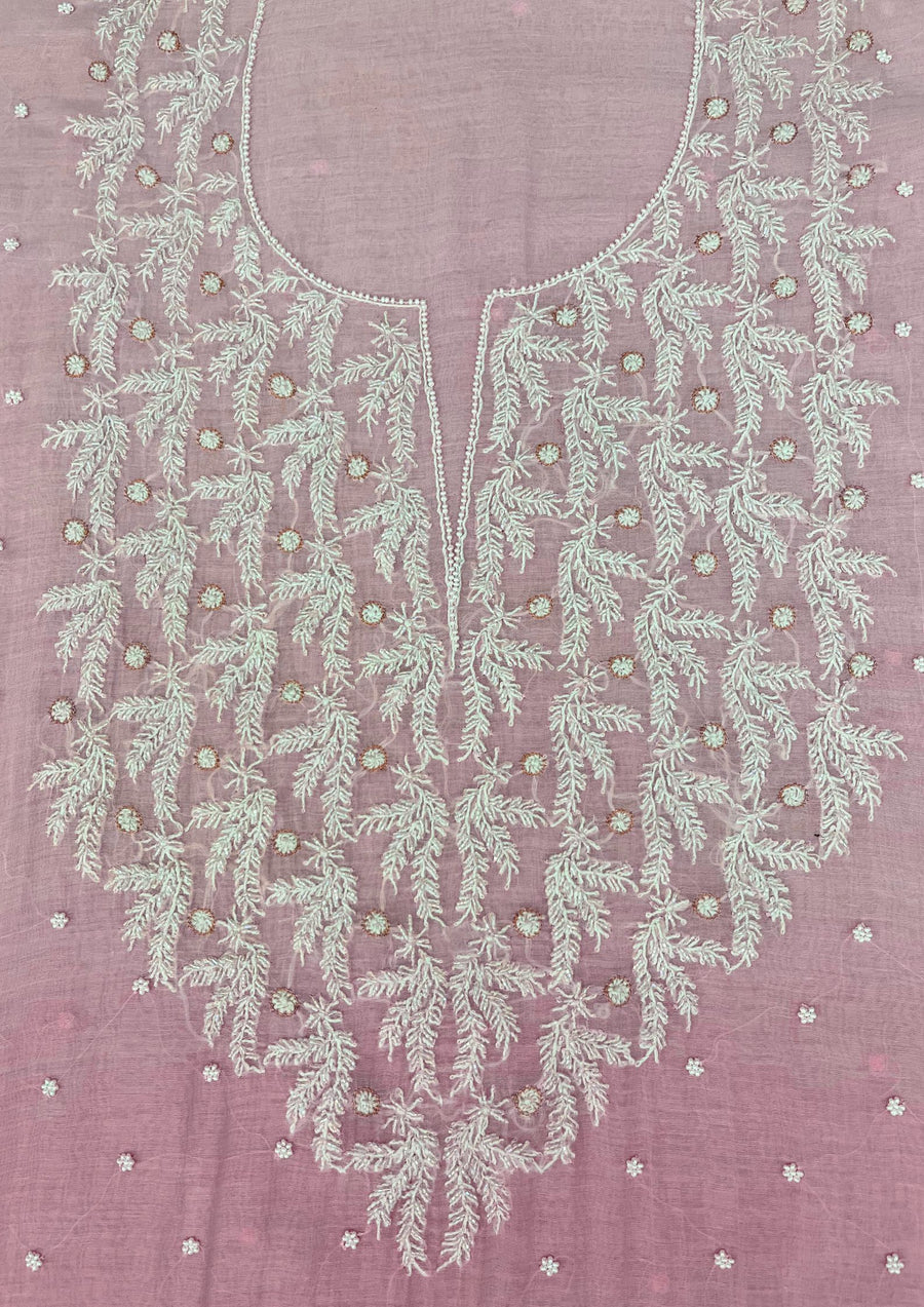 Mul Chanderi Unstitched Chikankari Suit - Baby Pink