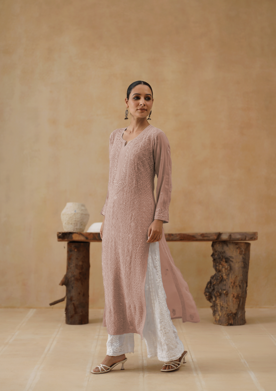 Georgette Chikankari Long Kurti - Pale Mauve