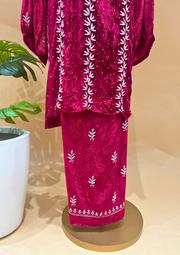 Velvet Chikankari Semistitched Co-ord Set - Magenta