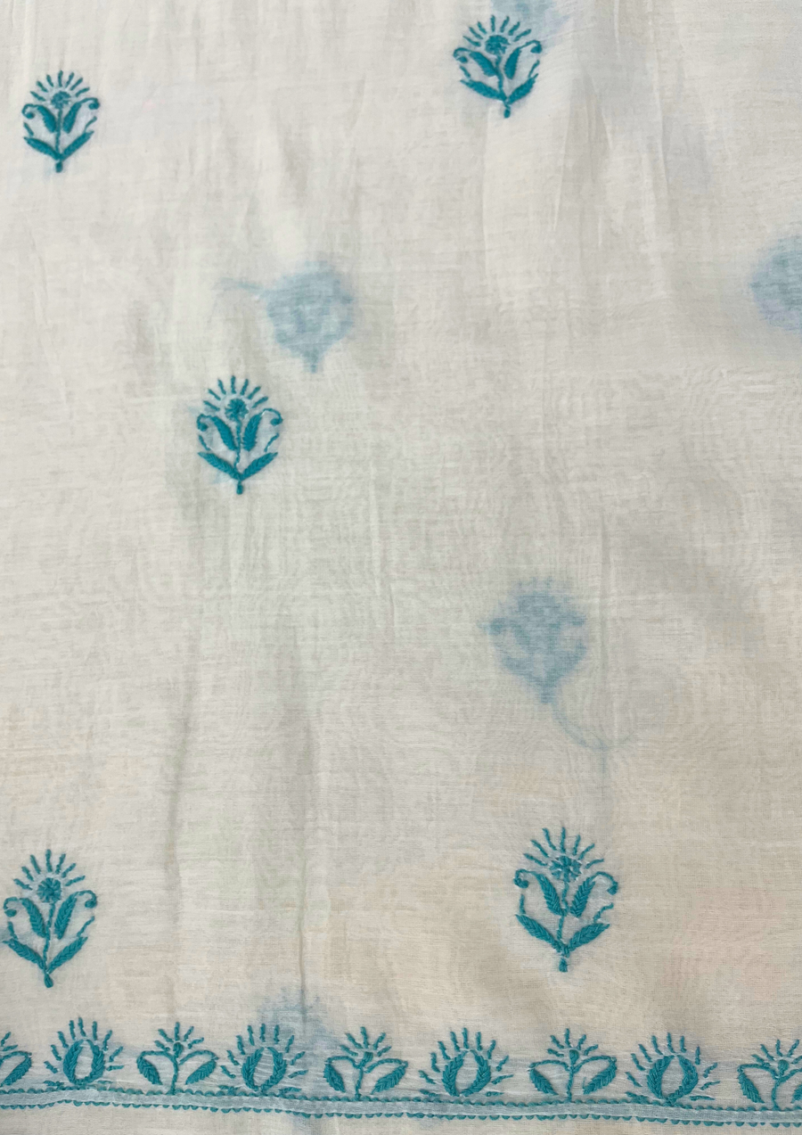 Chikankari Mul Chanderi Unstitched 2pc Suit - White and Blue