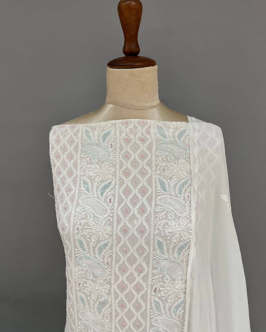 Viscose Chikankari Unstitched Suit Set - White
