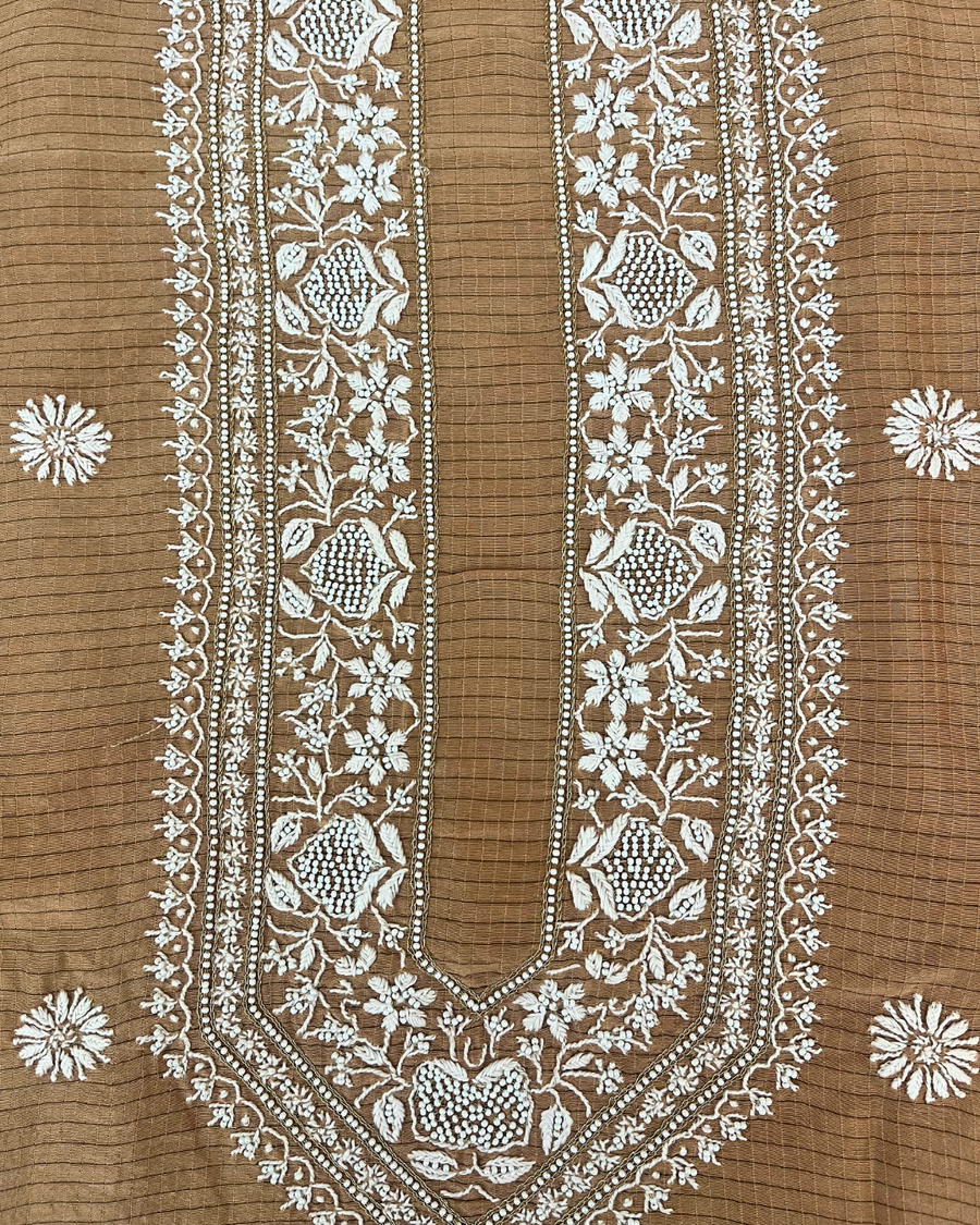 Mul Chanderi Chikankari Unstitched Mens Kurta - Coffee Latte