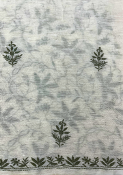 Chikankari Linen Unstitched Suit - White And Green