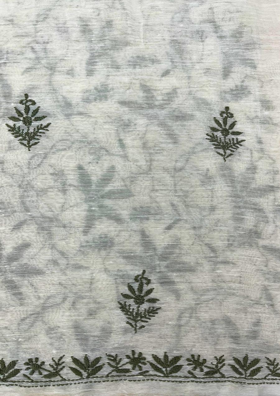 Chikankari Linen Unstitched Suit - White And Green