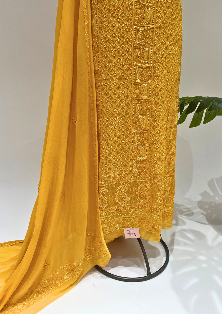 Viscose Chikankari Unstitched 2 pc Suit - Mustard Yellow