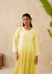 Muslin Chikankari A-line Long Kurti- Ombre Sunshine Yellow