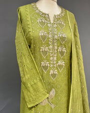 Tissue Chikankari Stitch 3pc Suit - Avocado Green
