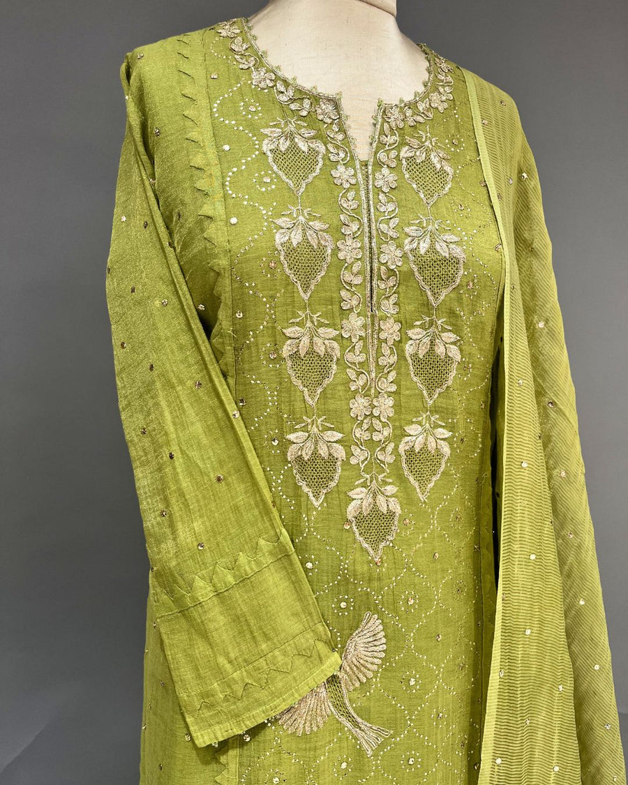 Tissue Chikankari Stitch 3pc Suit - Avocado Green