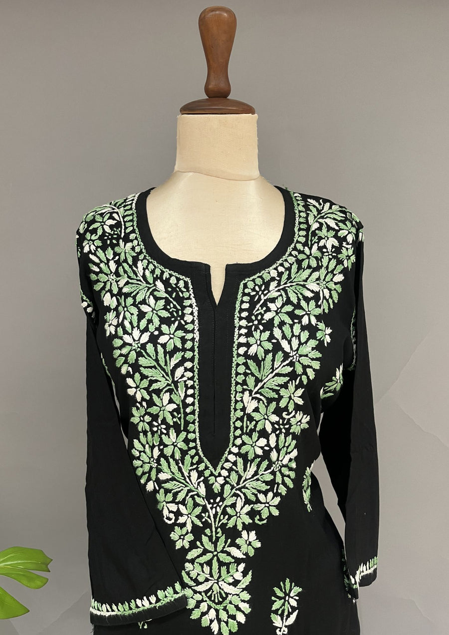 Rayon Chikankari Kurti - Black & Green