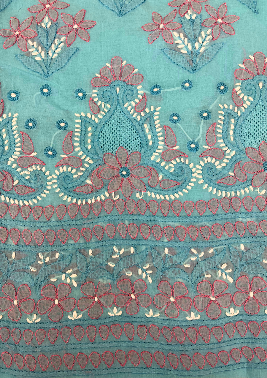 Cotton Unstitched Chikankari suit - Pink And Blue