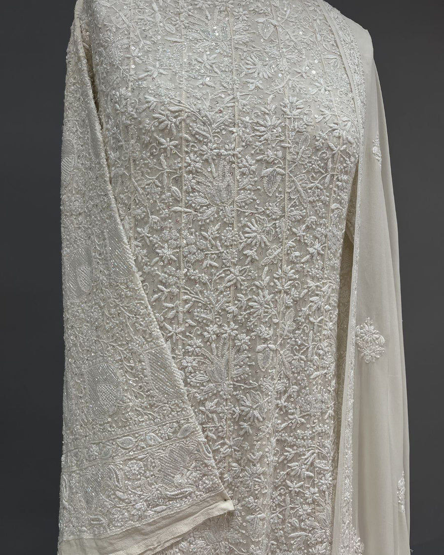 Pure Georgette Chikankari Unstitch Anarkali - White