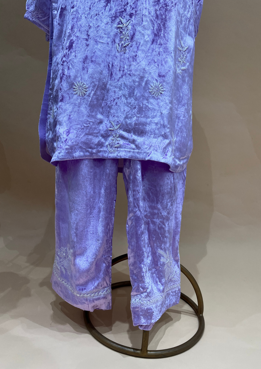 Velvet Chikankari Stitched Coord Set - Lilac