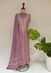 Mul Chanderi Chikankari unstitched Suit -  Mauve