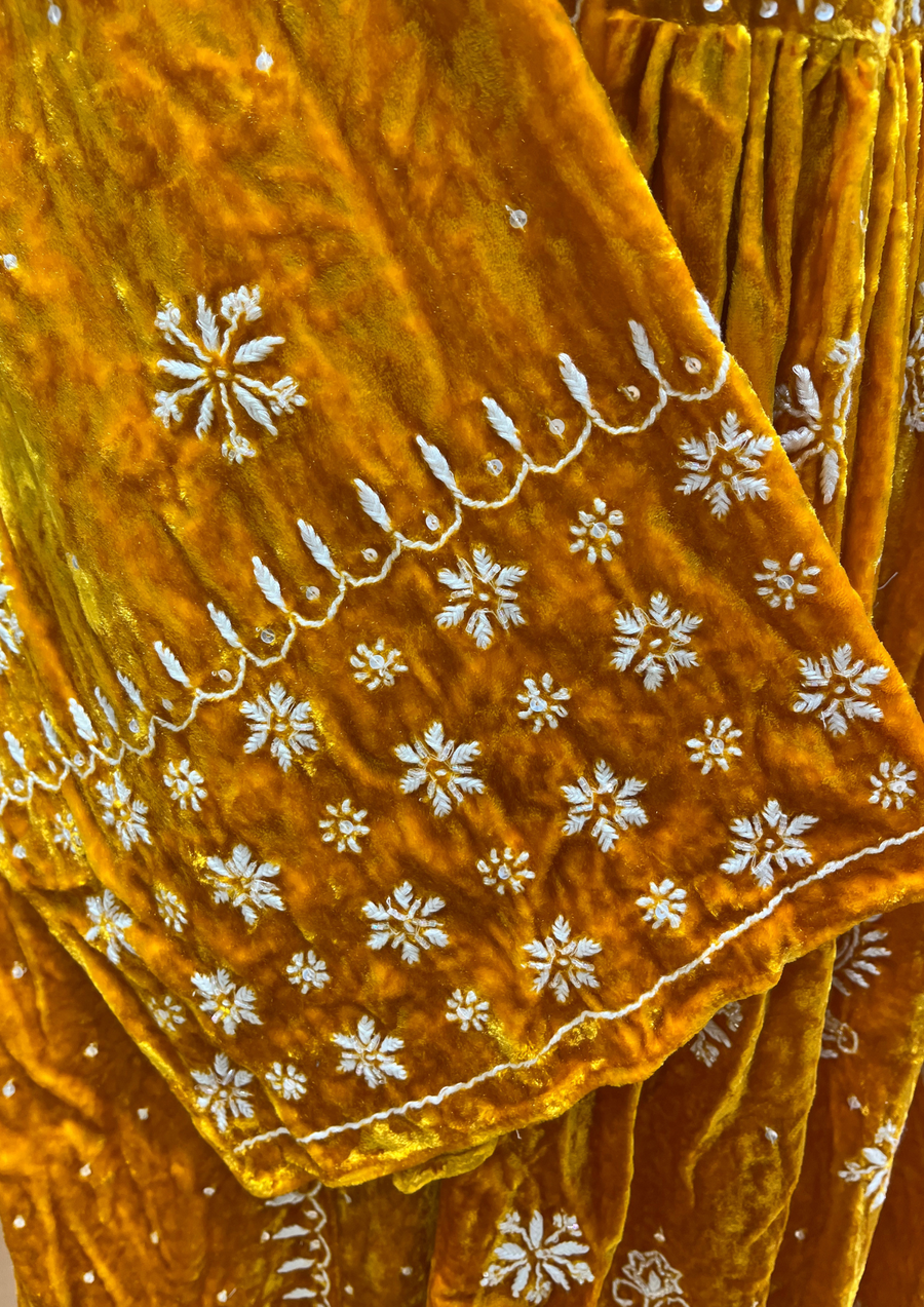 Velvet Chikankari Semistitched Palazzo Set - Sunshine Yellow