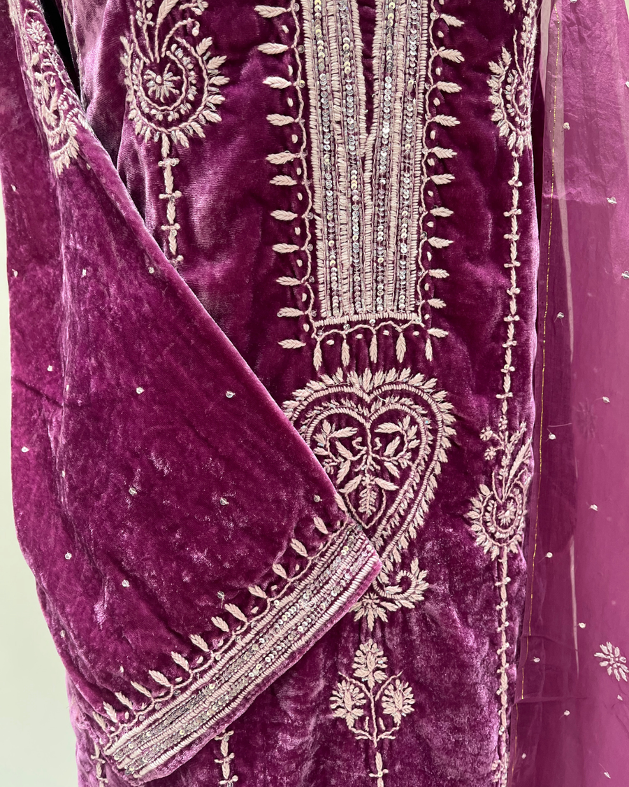 Velvet Chikankari Unstitched 2pc Suit Set - Light Plum