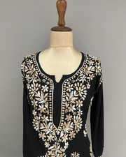 Rayon Chikankari Kurti - Black and Beige