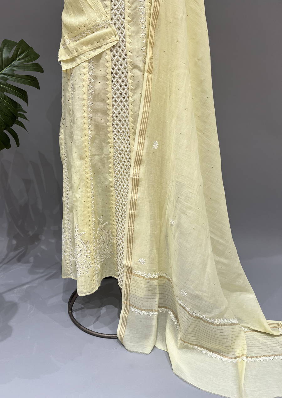 Chikankari Mul Chanderi Anarkali set - Daffodil Yellow