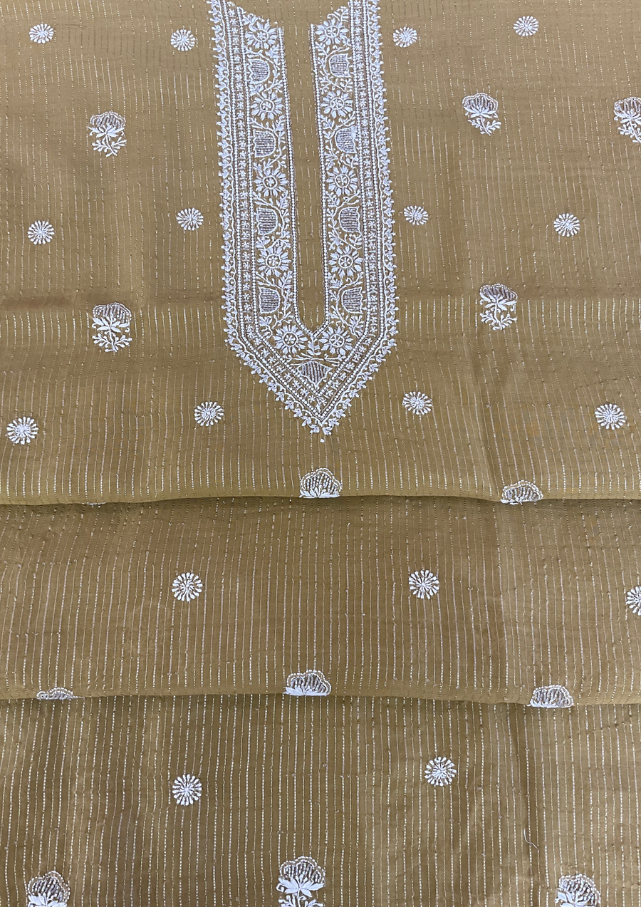 Chanderi Chikankari Unstitched Mens Kurta - Mustard Yellow