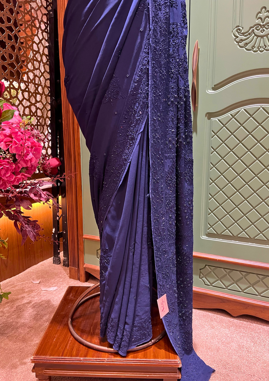 Chikankari Viscose Saree - Midnight Blue
