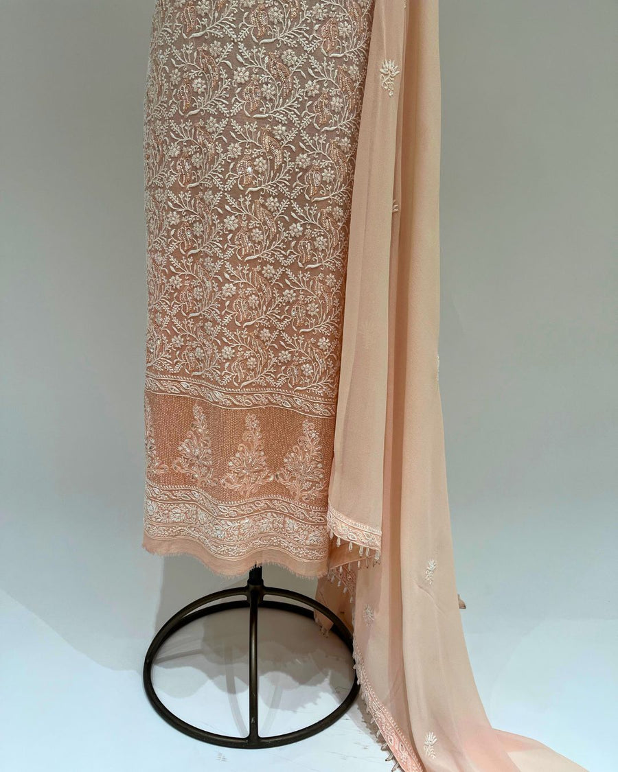 Pure Georgette Chikankari Unstitched 2pc Suit - Peach