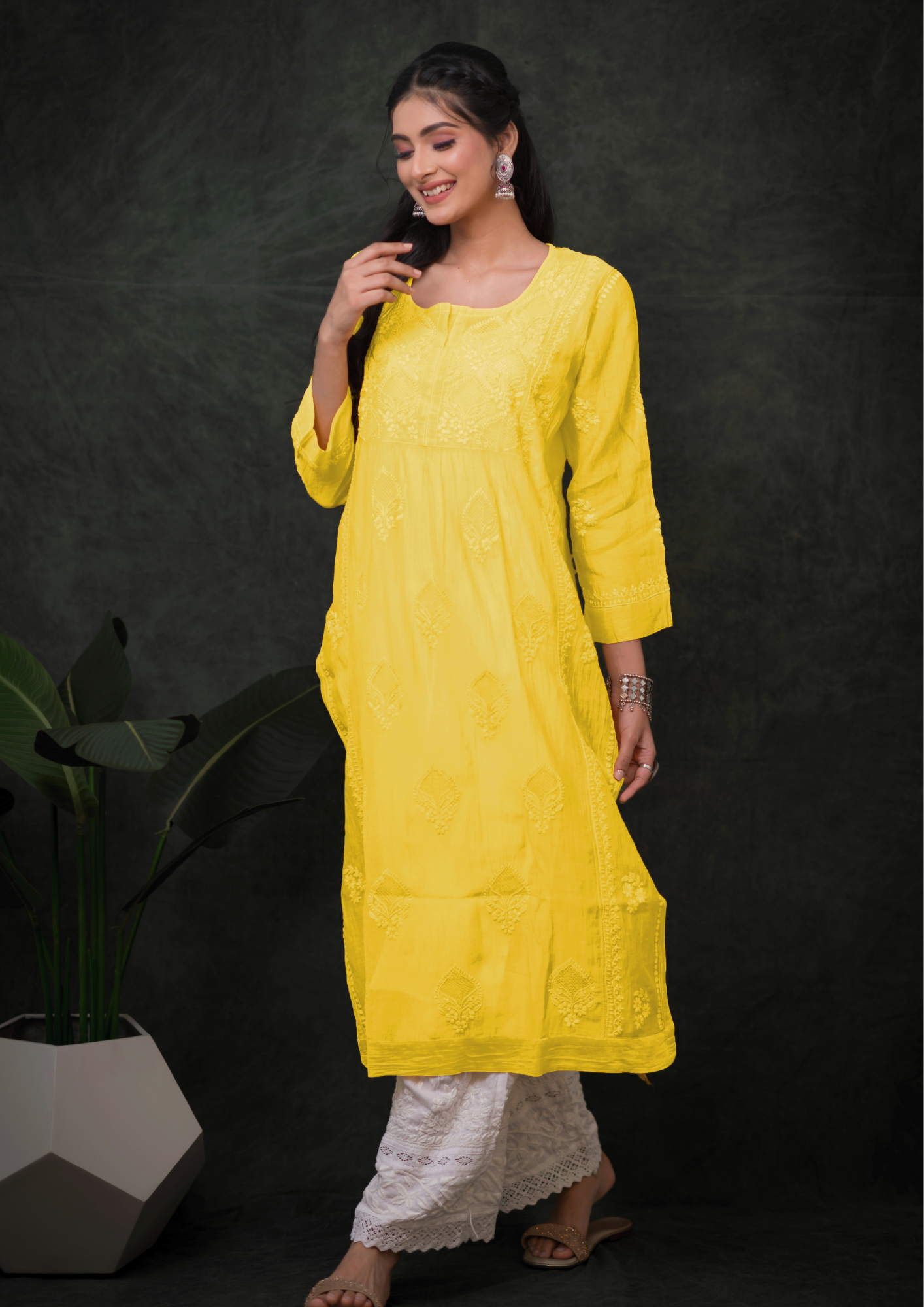 Mul Chikankari Long Kurti - Sunshine Yellow