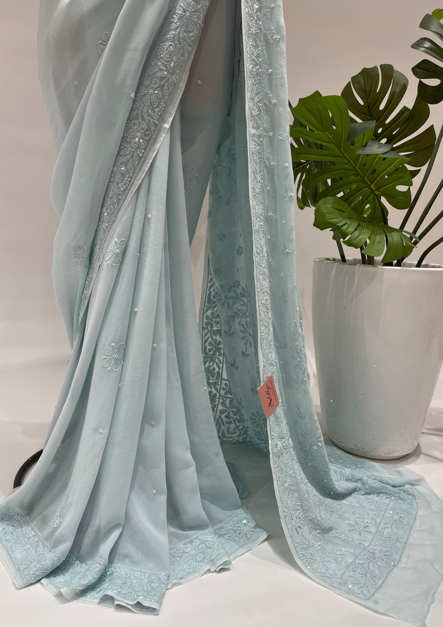 Viscose Chikankari Saree - Powder Blue
