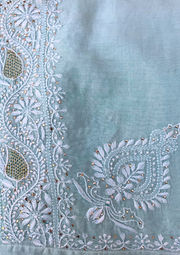 Chikankari Semistitched Chanderi Co-ord Set - Aqua Blue