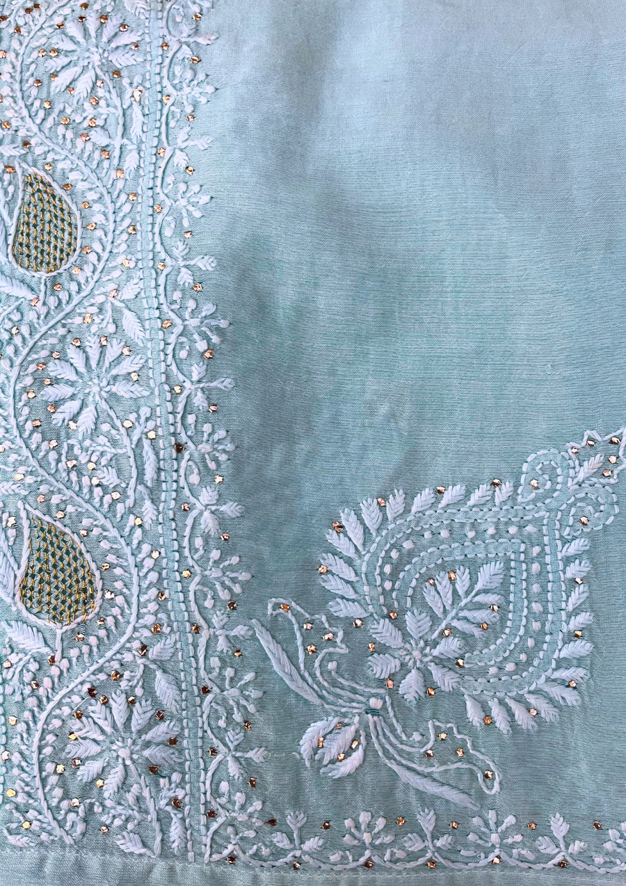 Chikankari Semistitched Chanderi Co-ord Set - Aqua Blue