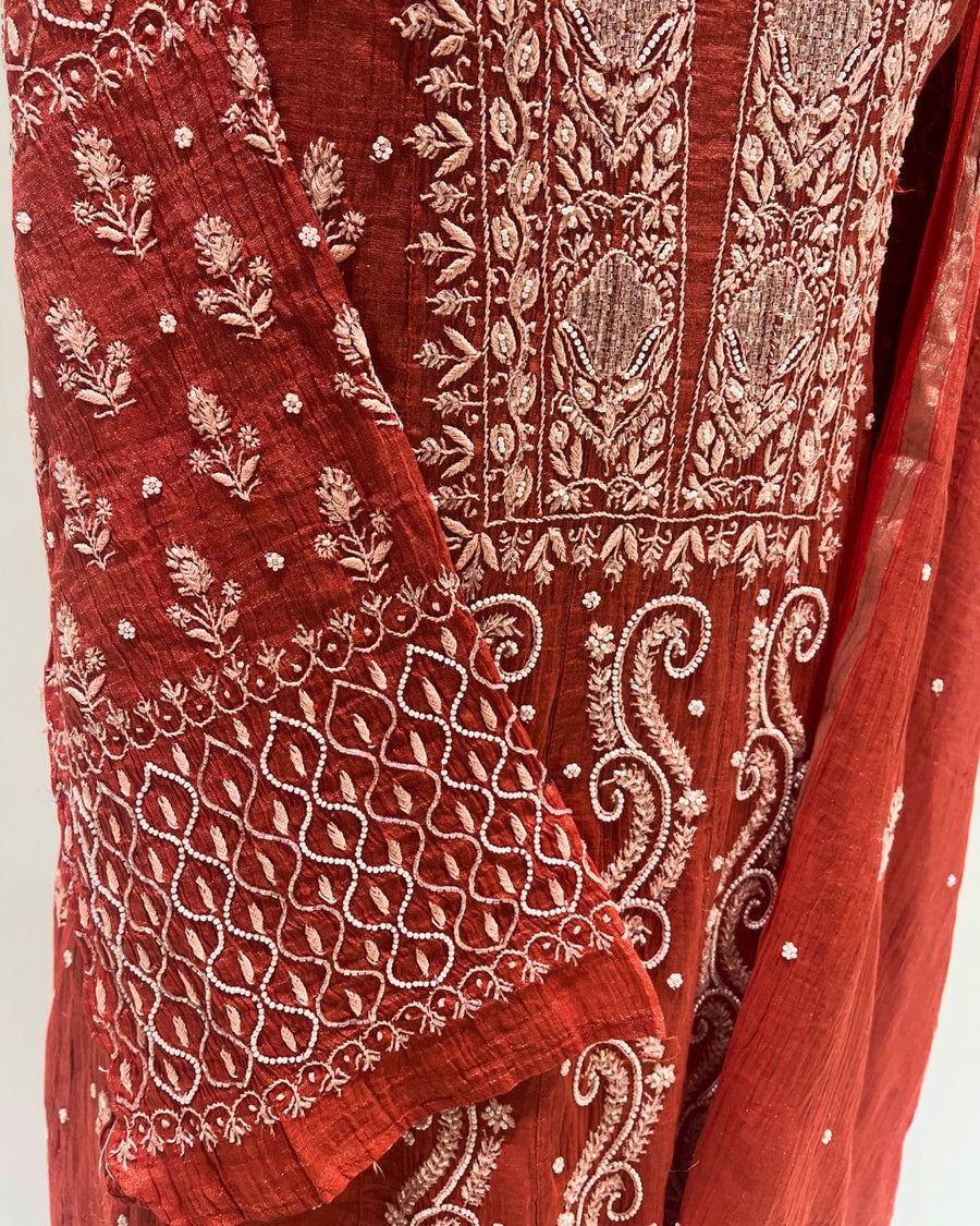 Tissue Chikankari Unstitched Anarkali  - Red Gold