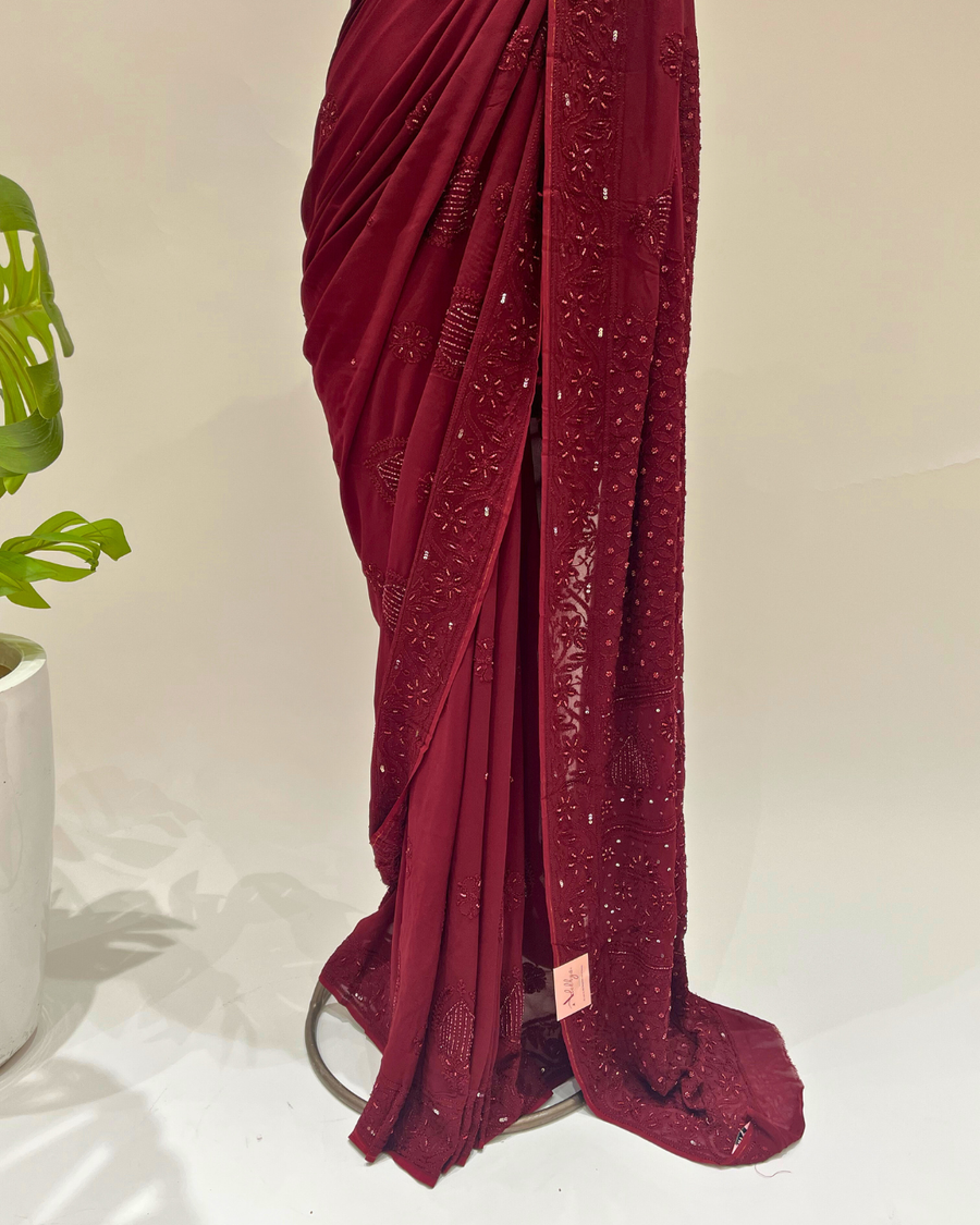 Chikankari Viscose Saree- Merlot Maroon