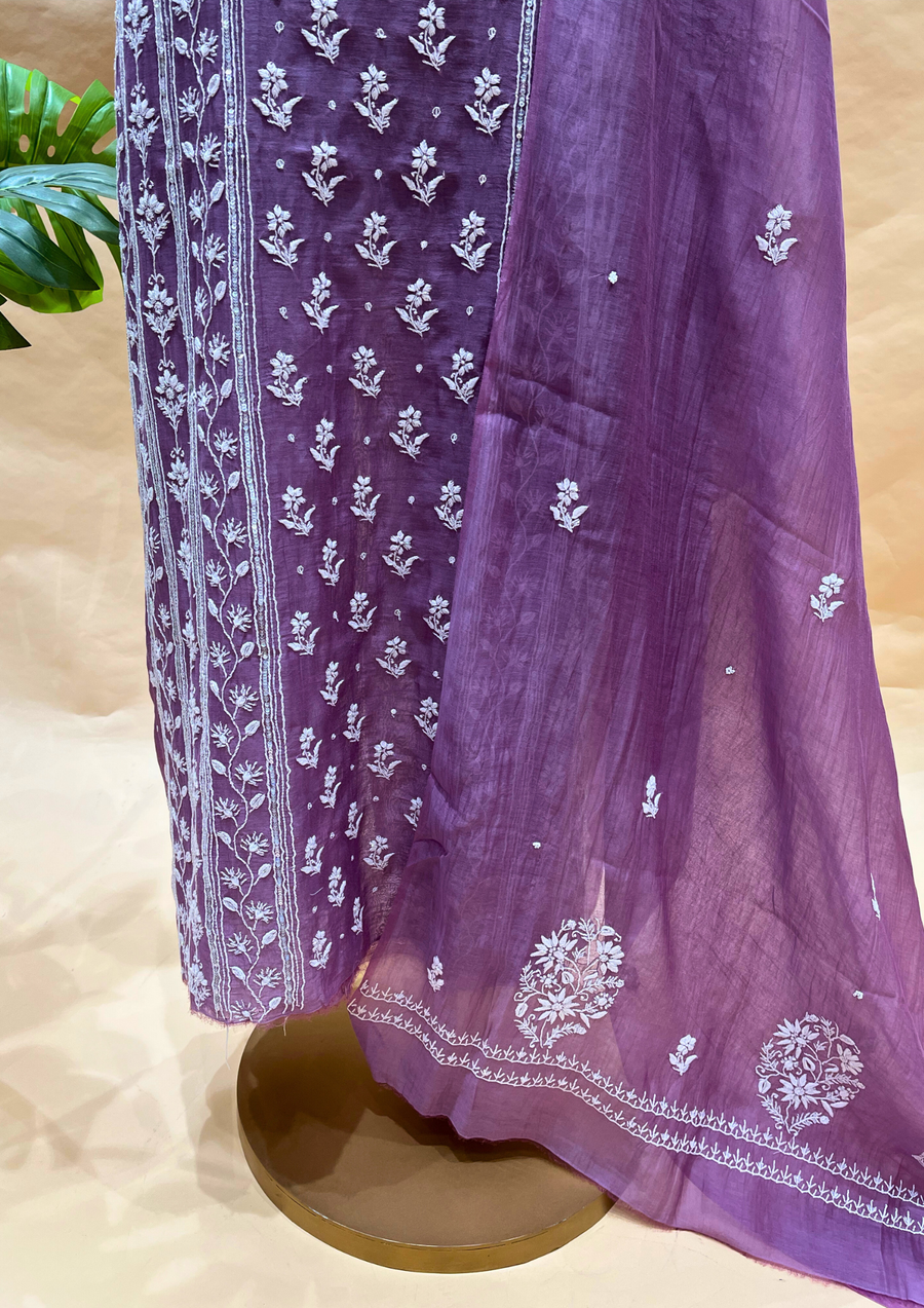 Chikankari Mul Chanderi Unstitched 2pc Suit - Mauve