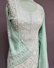 Mul Chanderi Chikankari Unstitched 2pc Suit - Sea Foam Green