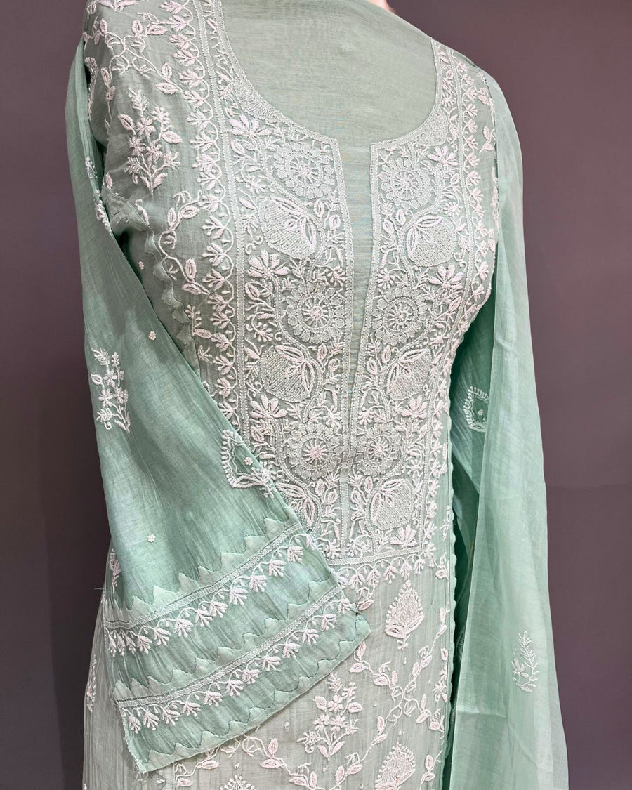 Mul Chanderi Chikankari Unstitched 2pc Suit - Sea Foam Green