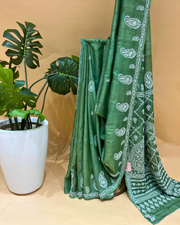 Chikankari Tussar Silk Saree - Moss Green