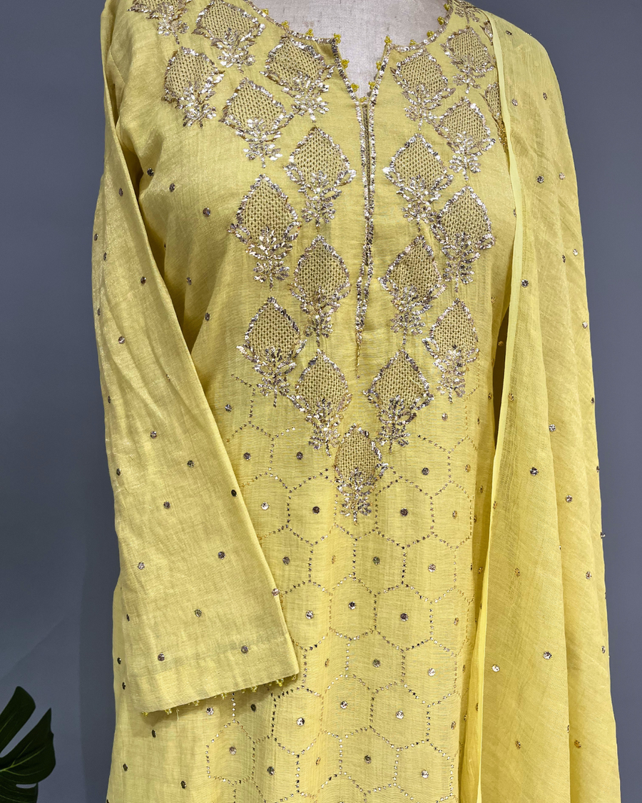 Tissue Chikankari Muqaish Suit Set - Sunflower Yellow