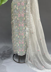 Organza Chikankari Unstitched Suit Set - Ivory